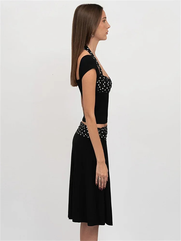 Tossy Patchwork Fashion 2-piece MIni Womens Dress Lace Top Comparison Backless Cut Top and High Waist Dress 250220