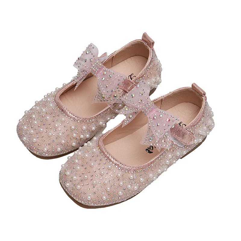2023 New Girls Princess Shoes Childrens Fashion Bow Rhinestone Sequin Kids Shoe Baby Girls Party Student Flat Leather Shoes X250220