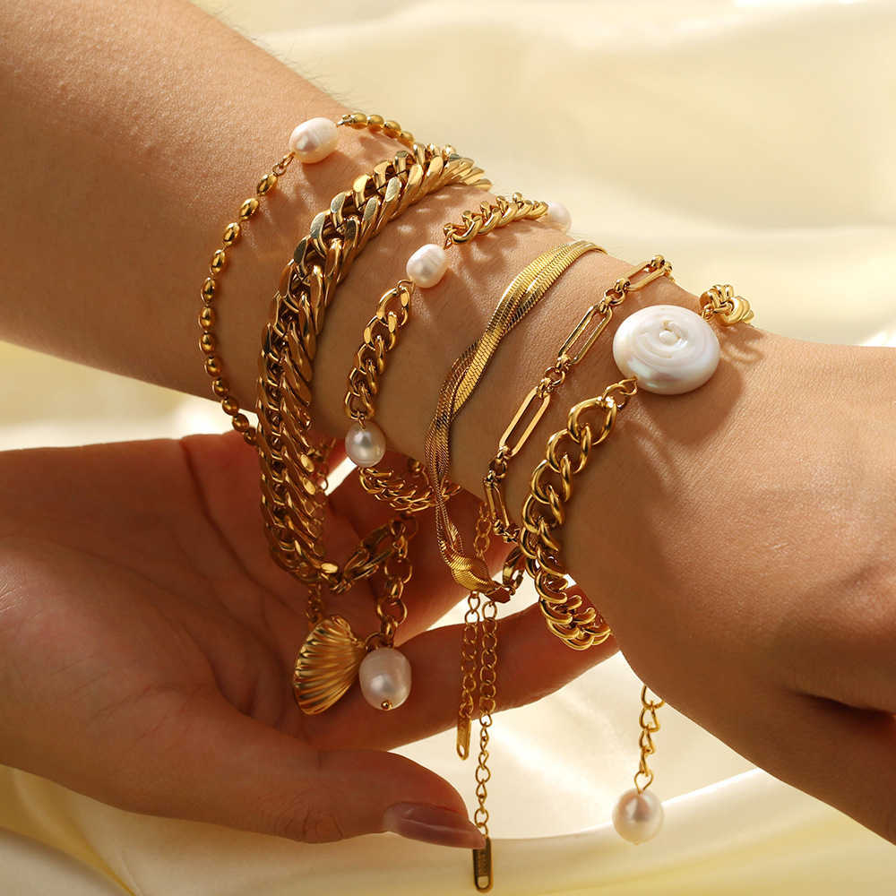 Charm Bracelets Cuban chain double-layer flat snake chain pearl style beach style gold-plated shell OT buckle cross bracelet H25220