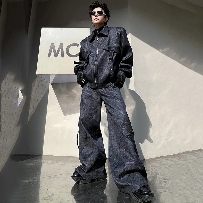 PFNW High Street Mens Suit Multi-pocket Ribbon Jacket Men Loose Wide Leg Pants Male Fashion Two-piece Set Spring 9C4240 250220