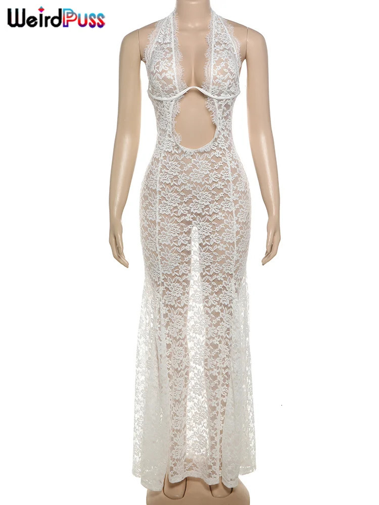 Weird Puss Lace Sexy Halter Dress Party Women Chic Backless Sleeveless Hollow Wedding Dinner Summer Vacation Bodycon Vestidos 250219