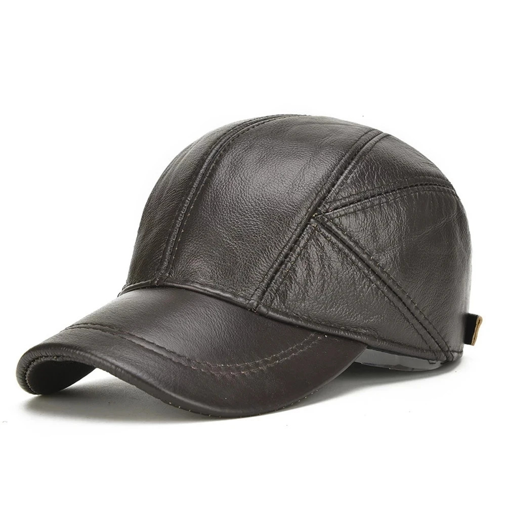 Mens 2025 Casual Real Leather Earflap Cap Men Cowhide Caps Male Fall Winter Genuine Cow Baseball Hats 250218