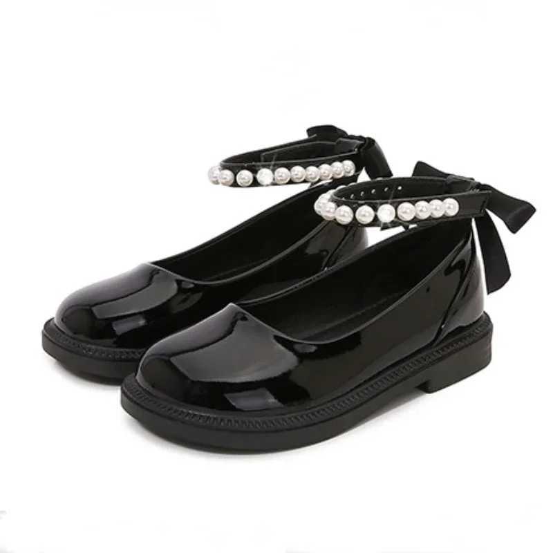 New Autumn Girls Shiny Leather Shoes Childrens Princess Strap Bow Beaded Single Shoes Childrens School Pure Black Mary Jens X250220