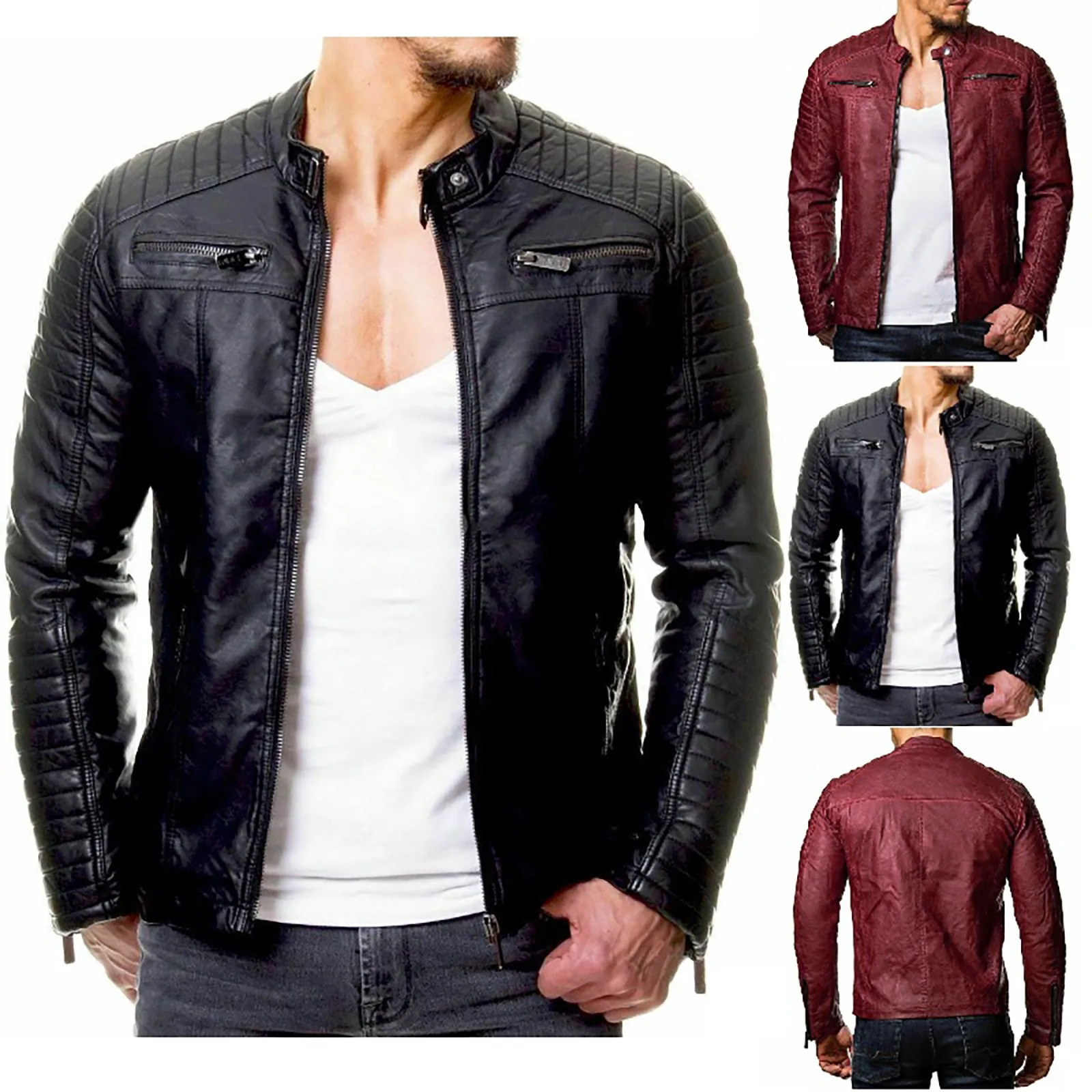 Fashion Mens Motorcycle Riding Leather Jacket Windproof Rainproof Solid Color Zipper Casual Hip Hop Varsity 250210