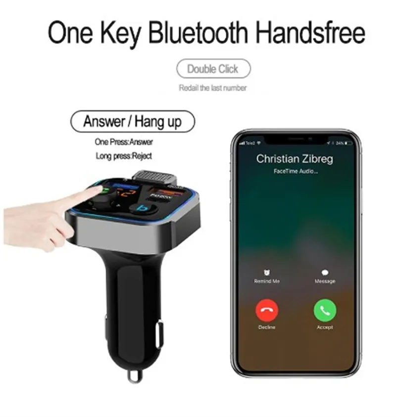 P5 Car Bluetooth 5.0 FM Transmitter One Key Bass Mp3 Player Large Microphone USB Music Play USB QC3.0 PD20W Quick Charger