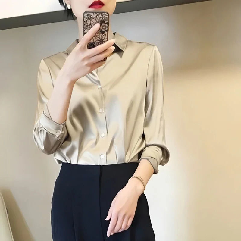 Womens Satin Shirts Elegant Plain Long Sleeve Blouse Office Lady ButtonUp Shirt Top Female Crew Neck Spring 250219