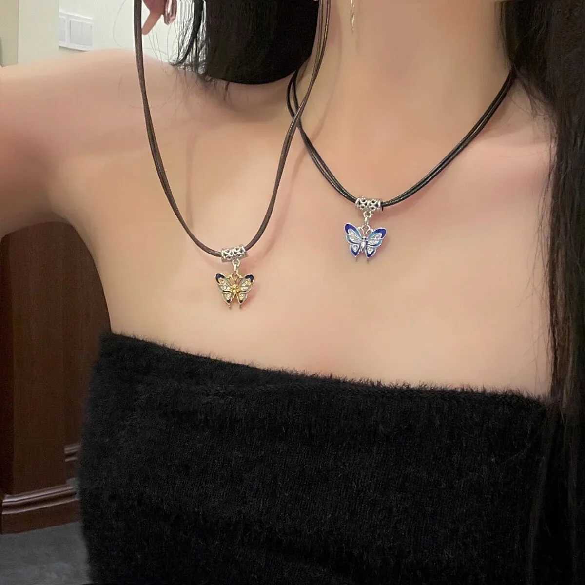 Fashion Korean Butterfly Necklace for Women Braided Rope Fairycore Necklaces Temperament Fashion Jewelry Summer Hip Hop NecklaceXJ250219