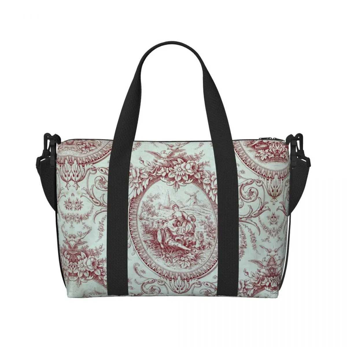 Customized French Toilet De Jouy Navy Blue Pattern Handbag Womens Large Capacity Traditional Art Gym Beach Shoulder Travel Bag Z250219