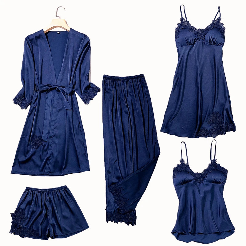 Satin Lace Pyjamas Set Women Strap Top Shorts Sleep Suit Spring Pyjamas Sleepwear Home Wear Nightwear Robe Gown Loungewear 250219