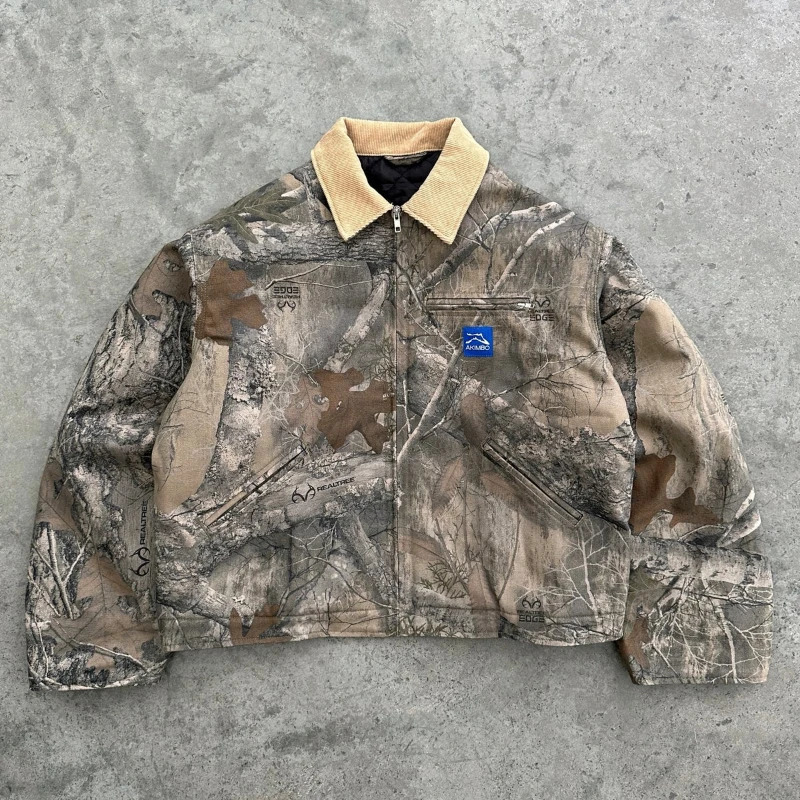 Y2K fashion camouflage men jacket American style street casualwear V neck polo top vintage pattern men women Harajuku sweatshirt 250219