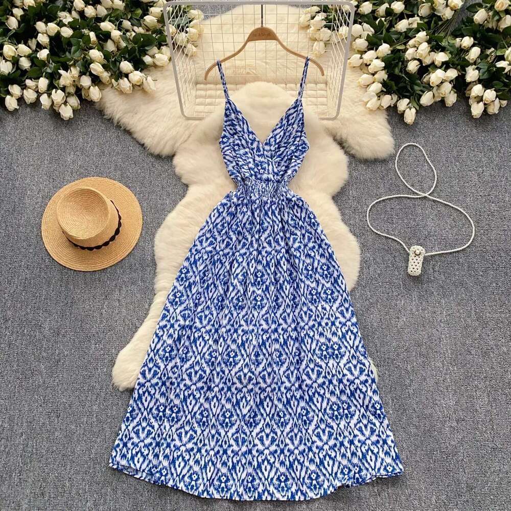 2025 New Print Sexy V Neck Dress Straps Swinging Collar Backless Leopard Elegant Ladies Vacation Beach Party Sundress
