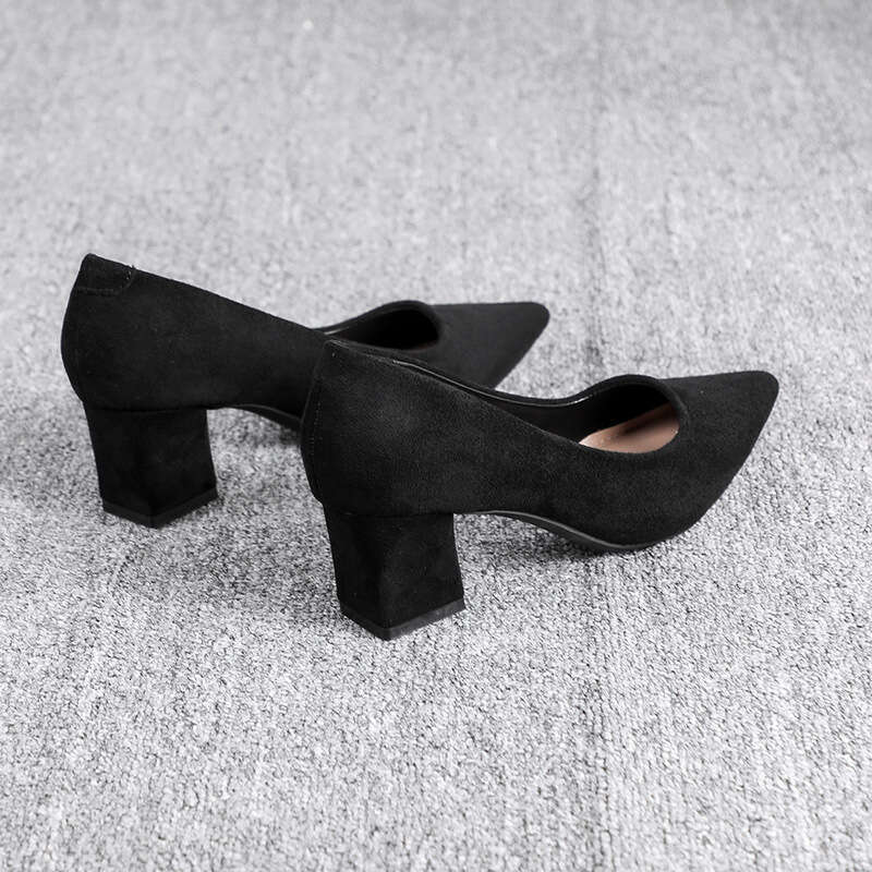 High Heel Civil Servant Interview Black High Female Pointy Long Standing Work Occupation Thick Heel Suede Etiquette Shoes