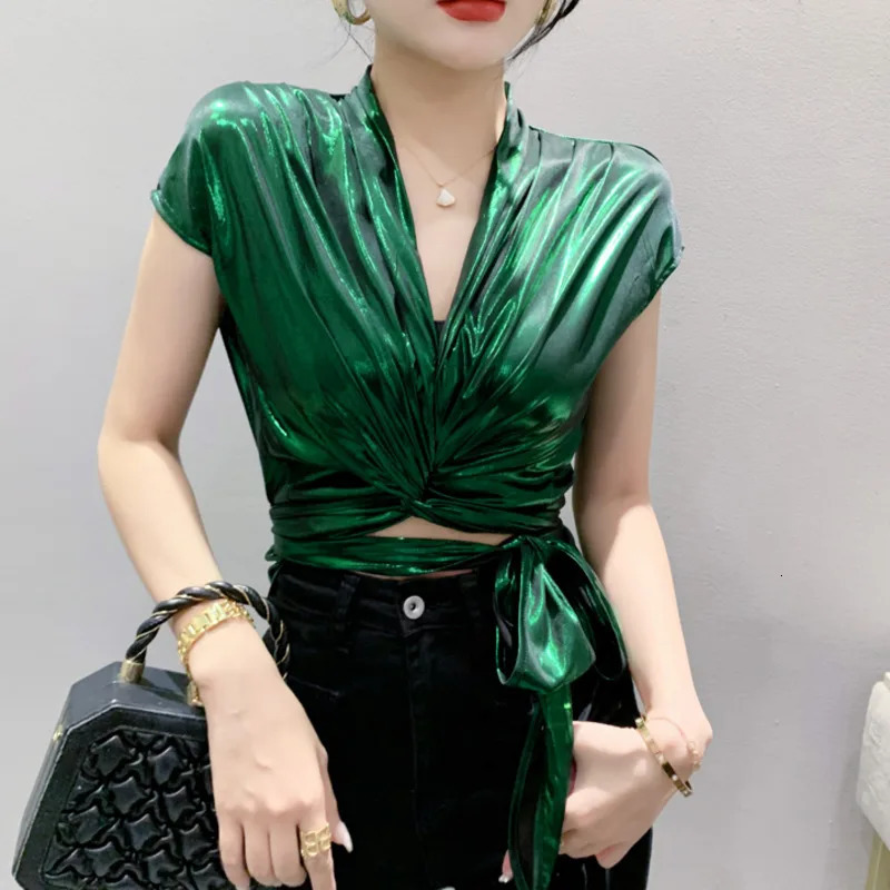 Street wear Gold Silver Green Shinny Short Sleeve Blouse Women Sexy Irregular Wrap Shirt Female Bandage Summer Tops 250219