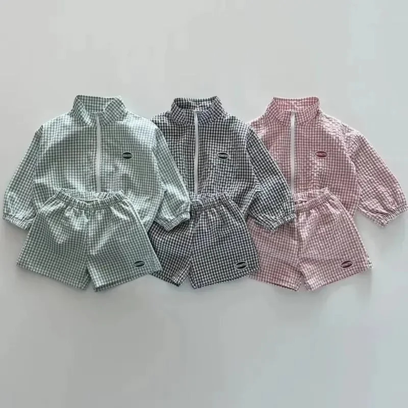 2024 Autumn Boys Plaid Clothes Set Children Sports Wear Boys Spring Long Sleeve Zipper Jacket Shorts Thin Baby Sunshine Sets 250220