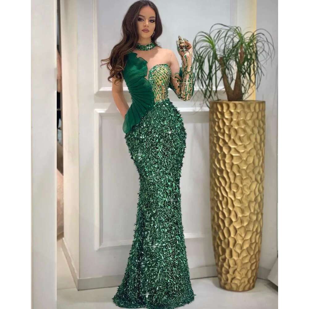FATAPAESE-Emerald prom irregular neckline, glitter, spark stripes, crystals, mermaid dress, formal, flattering, party