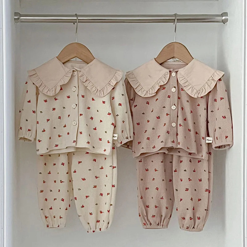 2024 Spring born Baby Girls Clothing Set Long Sleeved Waffle Cotton Printed CardiganPants Toddler Baby Girl Clothes Suit 250220