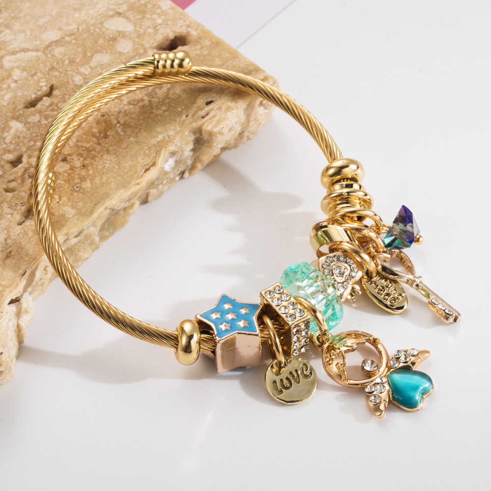 Charm Bracelets New Pan Jia Duo La Beaded Stainless Steel Bracelet for Womens Little Angel Key with Diamond Pendant Adjustable Best Friend Bracelet H2