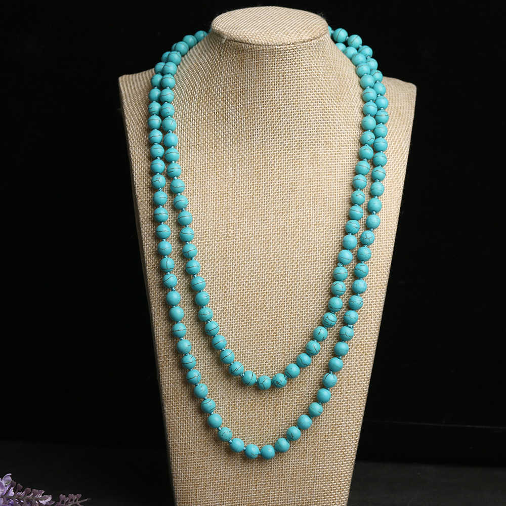 Pendant Necklaces Manufacturers straight turquoise long sweater chain knotted round bead chain multi circle necklace accessory H25219