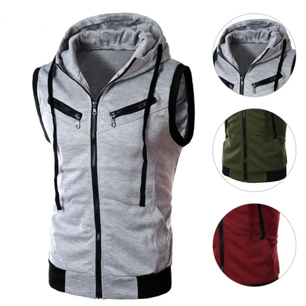Men Waistcoat Zipper Fly Leisure Summer Waistcoat Drawstring Hooded Multi Pockets Summer Sports Jacket Vest Casual Vest Hoodie 250219