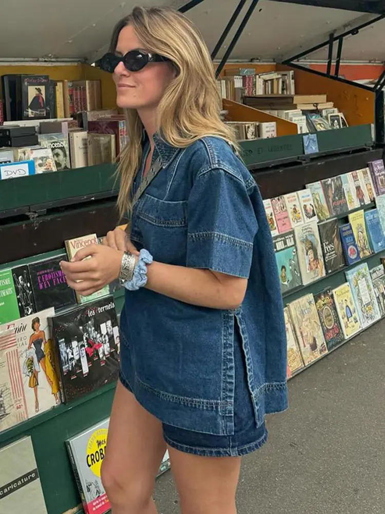 Casual womens denim top ski set fashion V-neck patch work half sleeve split shirt mini jeans shorts summer retro set 250220