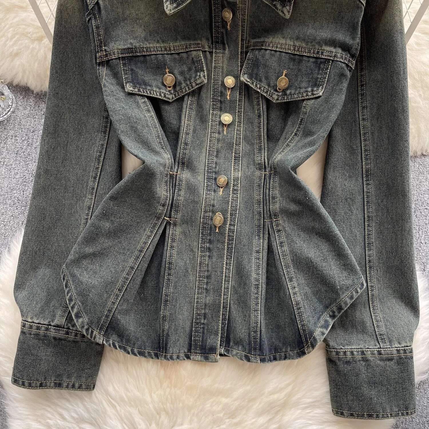 Vintage Washed Distressed Denim Jacket Autumn Women's Single-Breasted Tunic Shirt Long Sleeve Turn-Down Collar Jean Blouses Tops