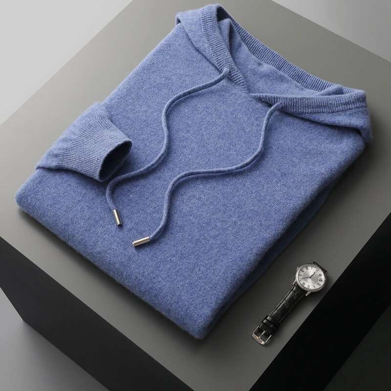 Autumn Winter New Merino Sweater Men's 100% Wool Hooded Collar Knitted Pullover Casual Long Sleeved Hoodie