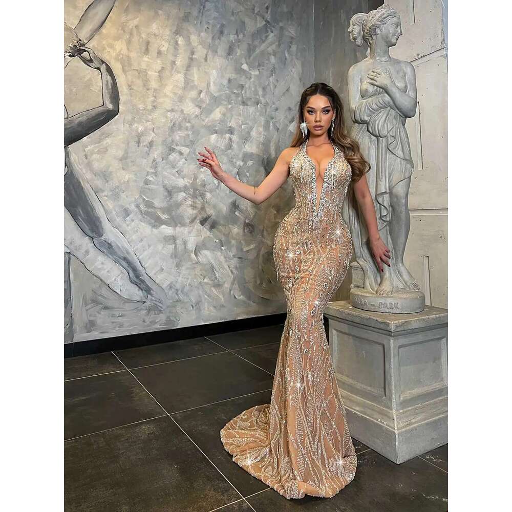 Sparkg Mermaid Gown Prom Crystals Beaded Pattern Lace Celebrity Party Evening Dresses Plus Custom Size Color
