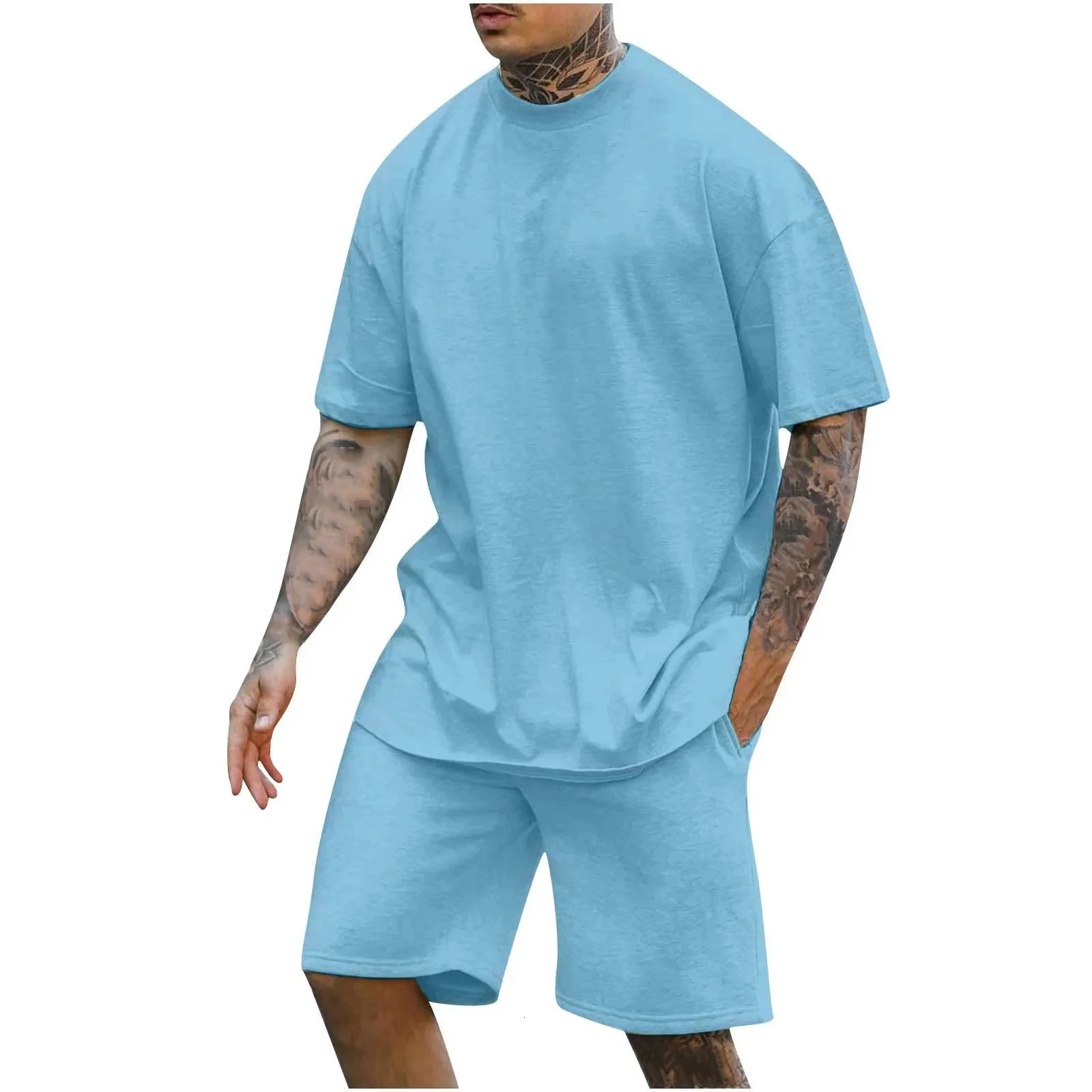Summer Solid Color 3D printed T-shirt and shorts set for mens track wear ultra-fine short sleeved T-shirt and pants set for mens wear 250220