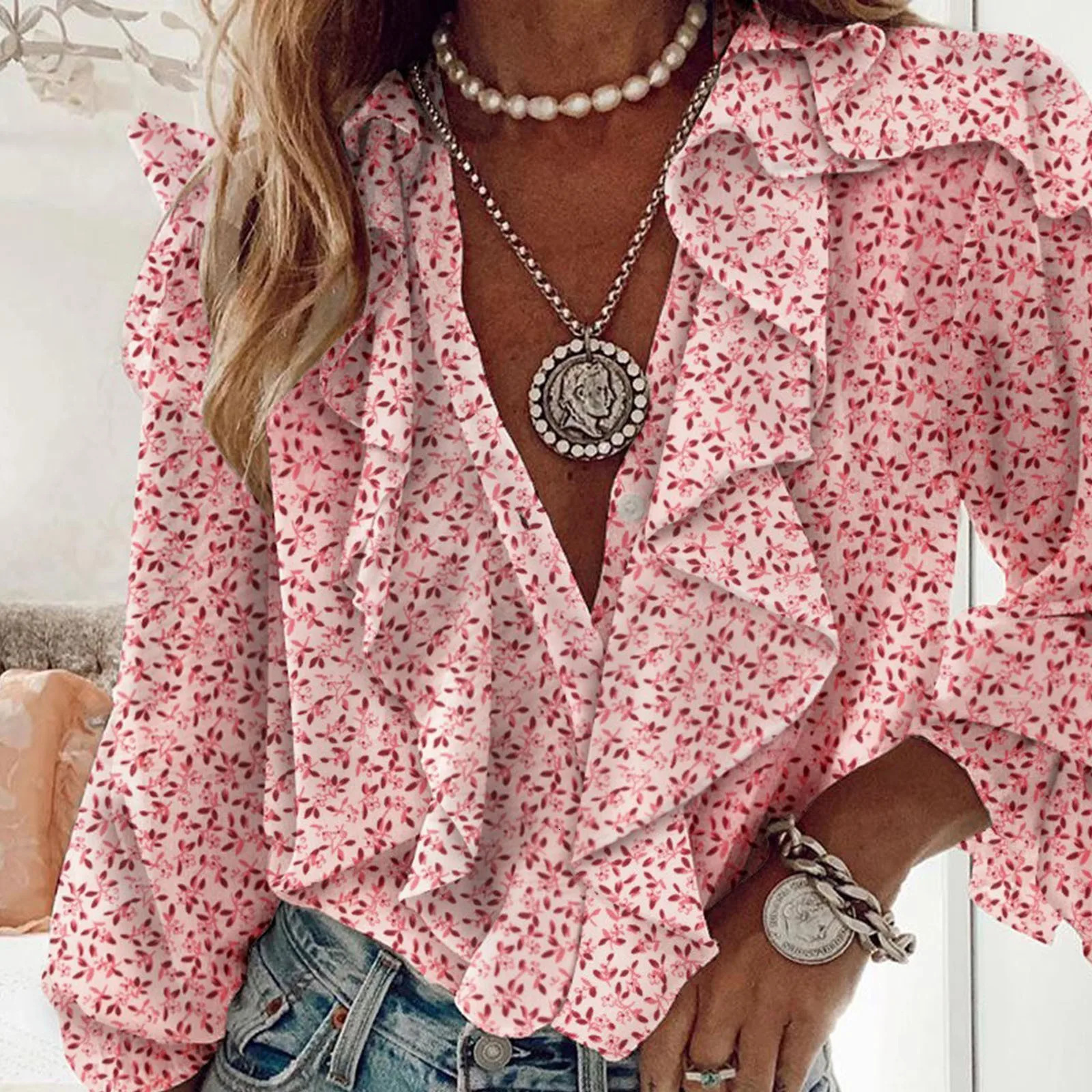 Women Ruffles French Elegant Blouses Fashion Casual Sexy V Neck Tops Long Sleeve Flare Cuff Shirt Button Up Party Blusas 250219