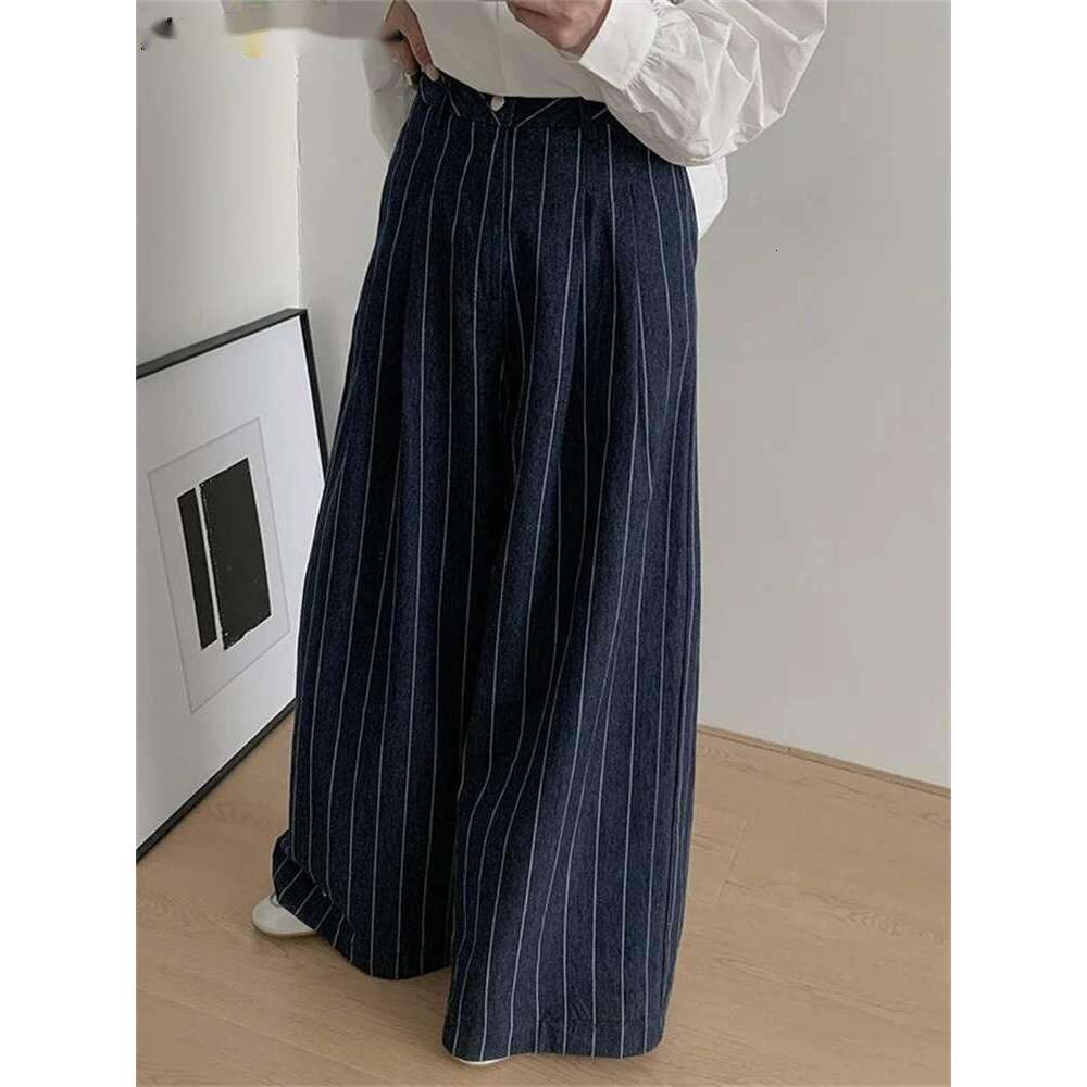2025 Simple Classic High Waist Striped Blue Denim Wide Leg Pants Women Casual Versatile Jeans
