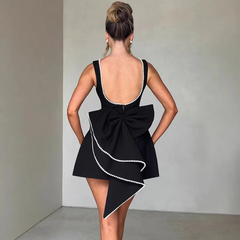 Spring Summer Elegant Women Sexy Mini Dress Pearl Big Bow Backless Zipper Sleeveless High Waist A-line Club Party Dress 250219