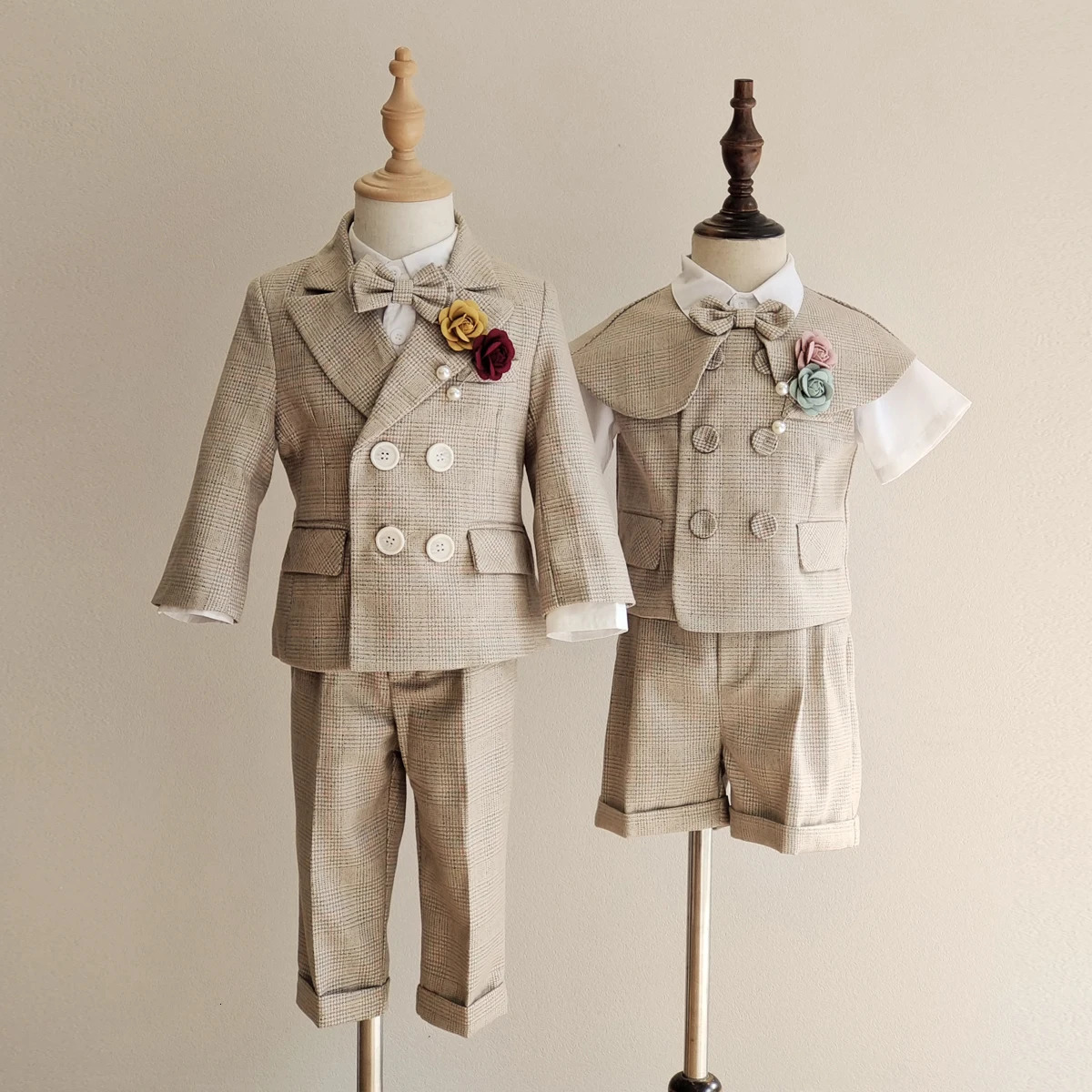 Boys Formal Plaid Suit khaki Baby Daptism Dress Set Child Wedding Birthday Party Pography Costume Kids Clothes High quality 250219