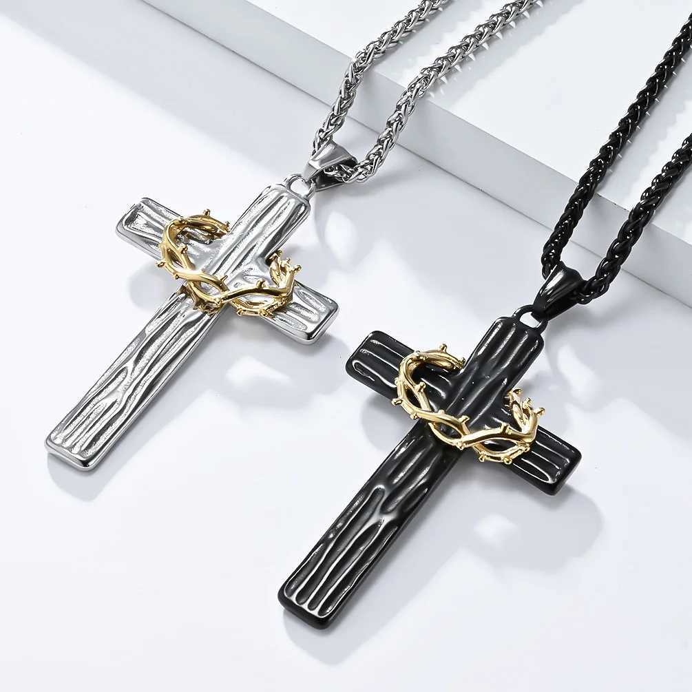 Men Jesus Christ Cross Necklace Stainl Steel Pendant Chain Crown of ThornsXJ250219