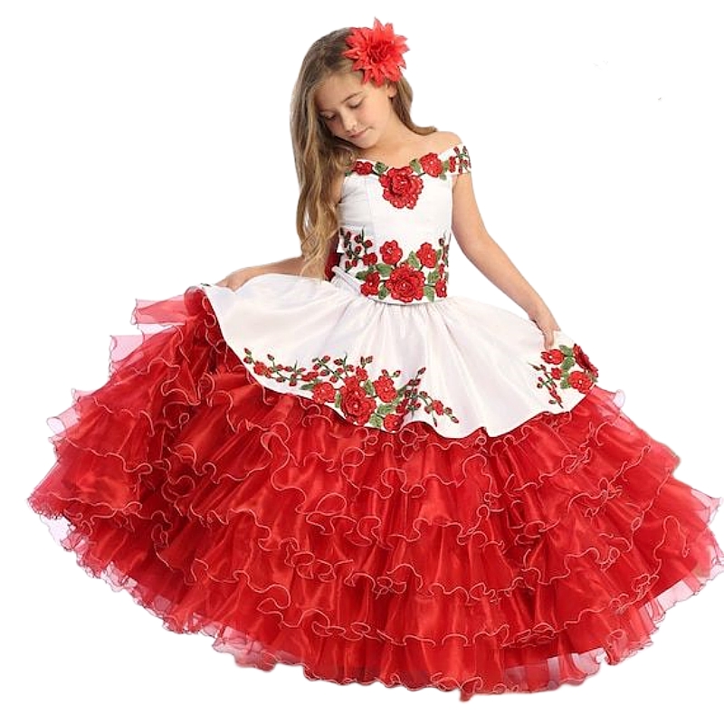 White and Red Charro Girls Pageant Dresses Tiered Floor Length Embroidery Floral Toddler Birthday Party Dress Kids Formal Wear Wedding Flower Girl Dre