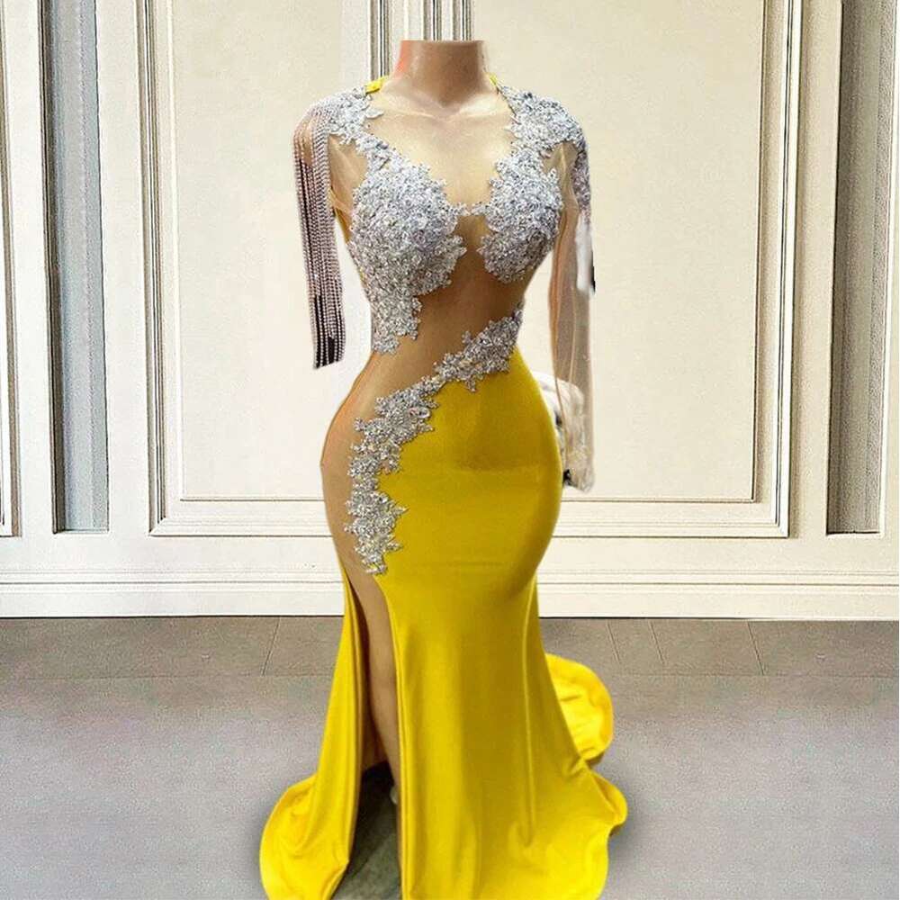 Sexy Yellow Prom Dresses 2025 for Black Girl Mermaid Illusion Bead Tassel Evening Gowns Graduation Gala Dress Customized