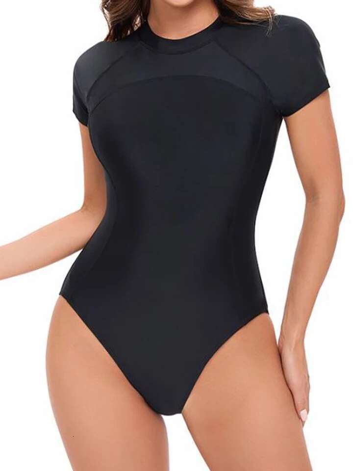 Female Surf Swimsuit Short Sleeve Bodysuit 2025 Solid Color Swimwear Women Zipper One Piece Rashguard Diving Clothes Bathing Swimming Suit
