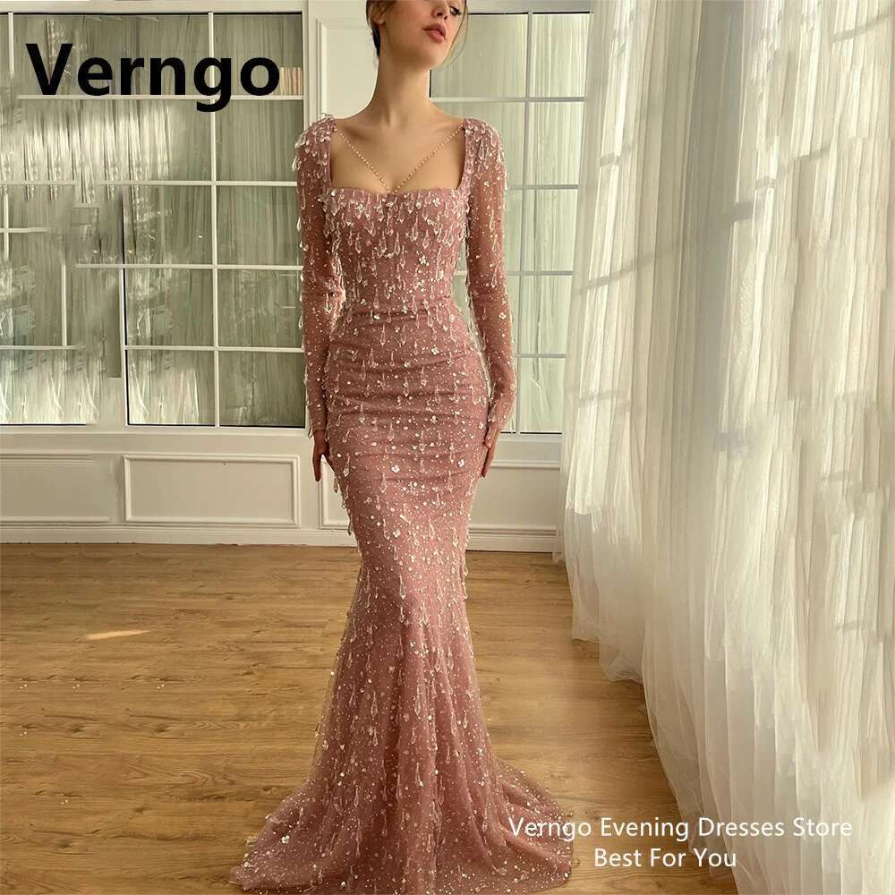 Verngo-Vestidos baile brilhantes com lantejoulas para mulheres mangas completas vestido de festa uoso cristal rosa brilhante prom
