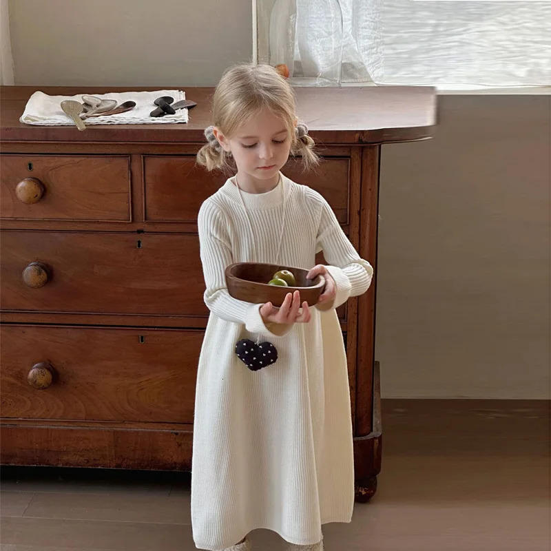 Girls Knitted Dress 2024 Autumn Winter Children Gown Princess Solid Color Vestidos Kids Fashion Sweater Dresses Baby Clothes 250220bj