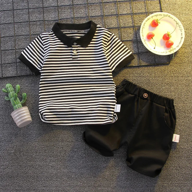 Boys Summer Sets Children Lapel Striped Top Solid Colour Trousers Two-Piece Baby Fashion Casual Suit 12M-5 Years Old 250219