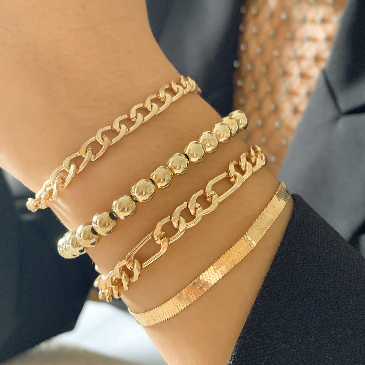 Charm Bracelets Female punk hip hop snake bone chain bracelet set metal bead chain bracelet H25220