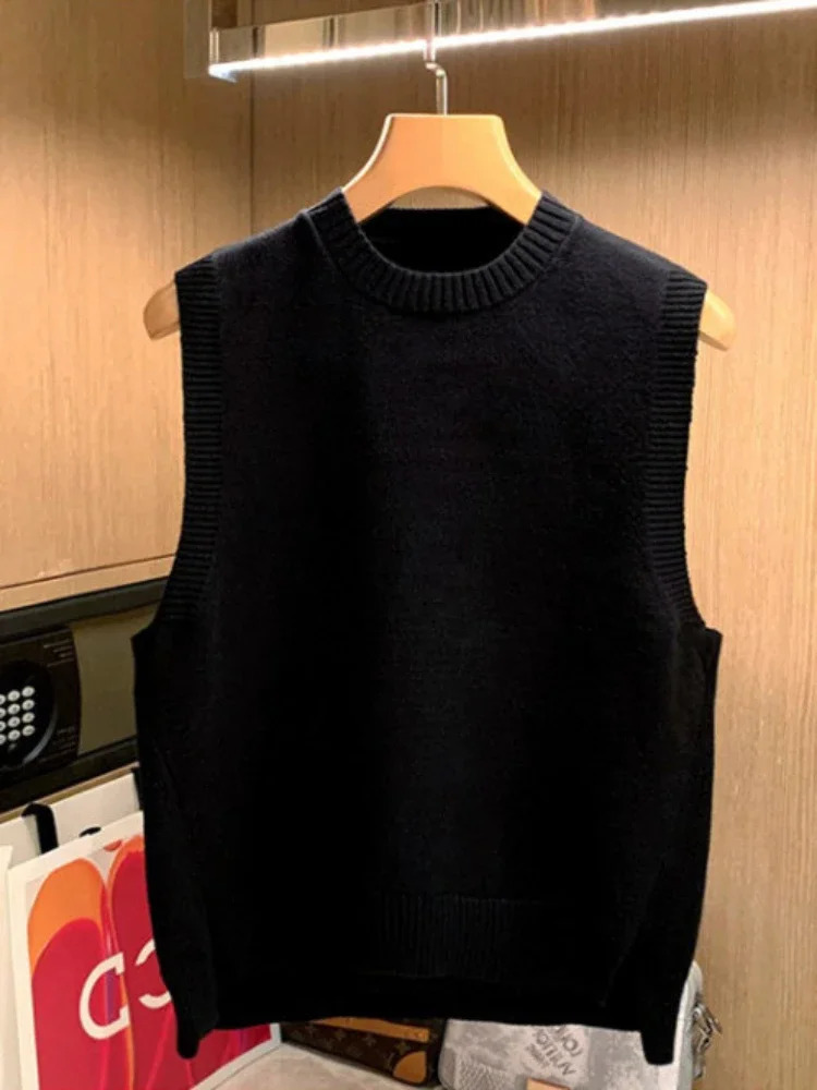 Mens Clothing Sleeveless Knit Sweater Male Crewneck Brown Solid Color Vest Waistcoat Plain Round Collar X Korean Autumn A 250219