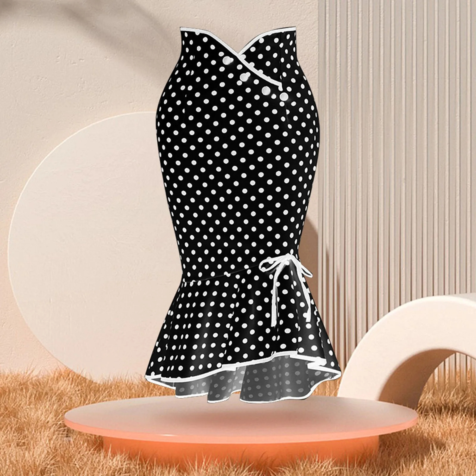 Womens Ruffles Bodycon Fishtail Skirt Retro Polka Dot Cotton Midi Ladies Casual Party Street travel Pencil 250220
