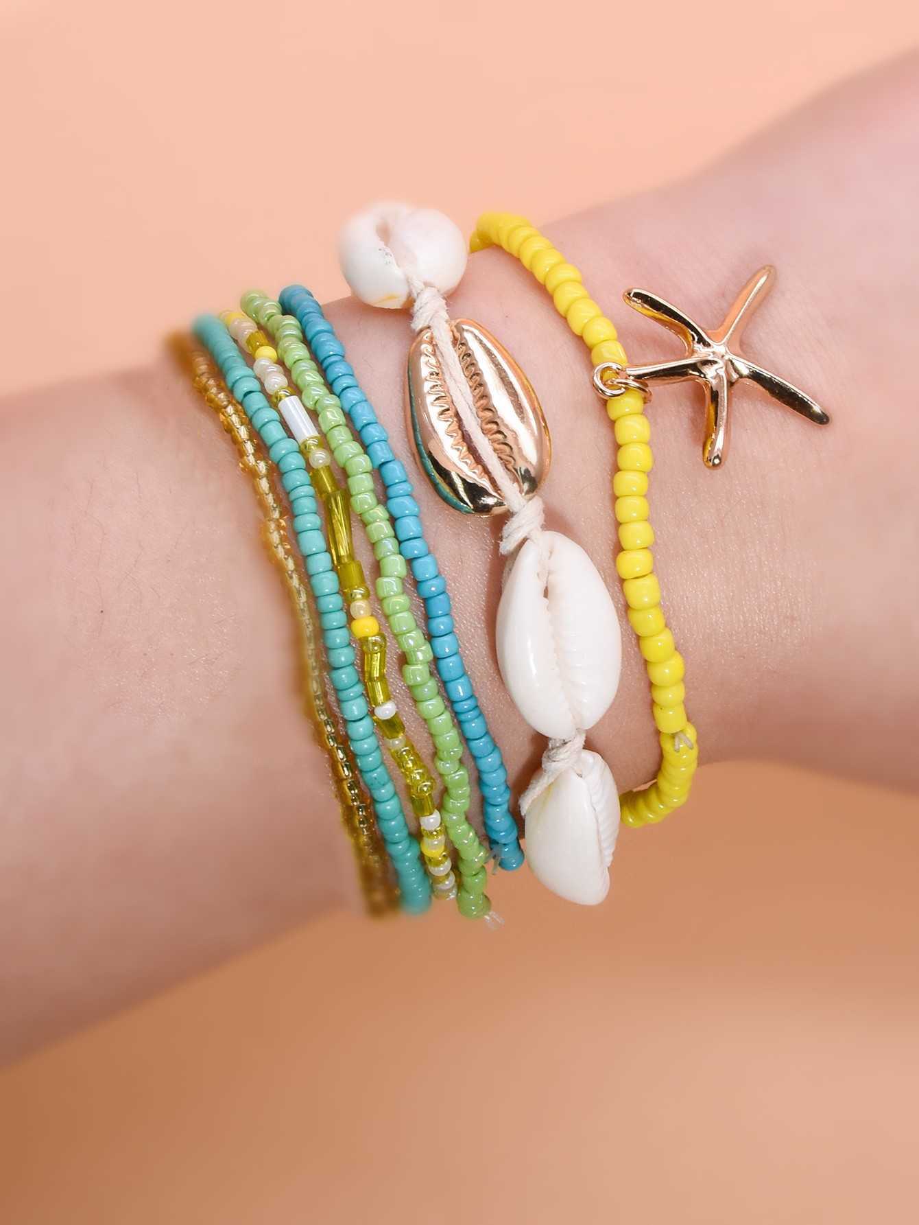 Charm Bracelets Bohemian Beach Style Bracelet Set Summer Dopamine Sea Star Rice Bead Shell Hand Rope Six Piece Set for Women H25220