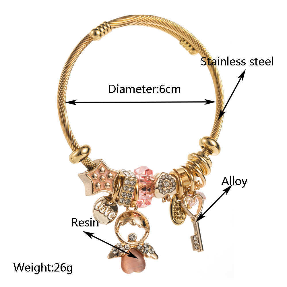Charm Bracelets New Pan Jia Duo La Beaded Stainless Steel Bracelet for Womens Little Angel Key with Diamond Pendant Adjustable Best Friend Bracelet H2