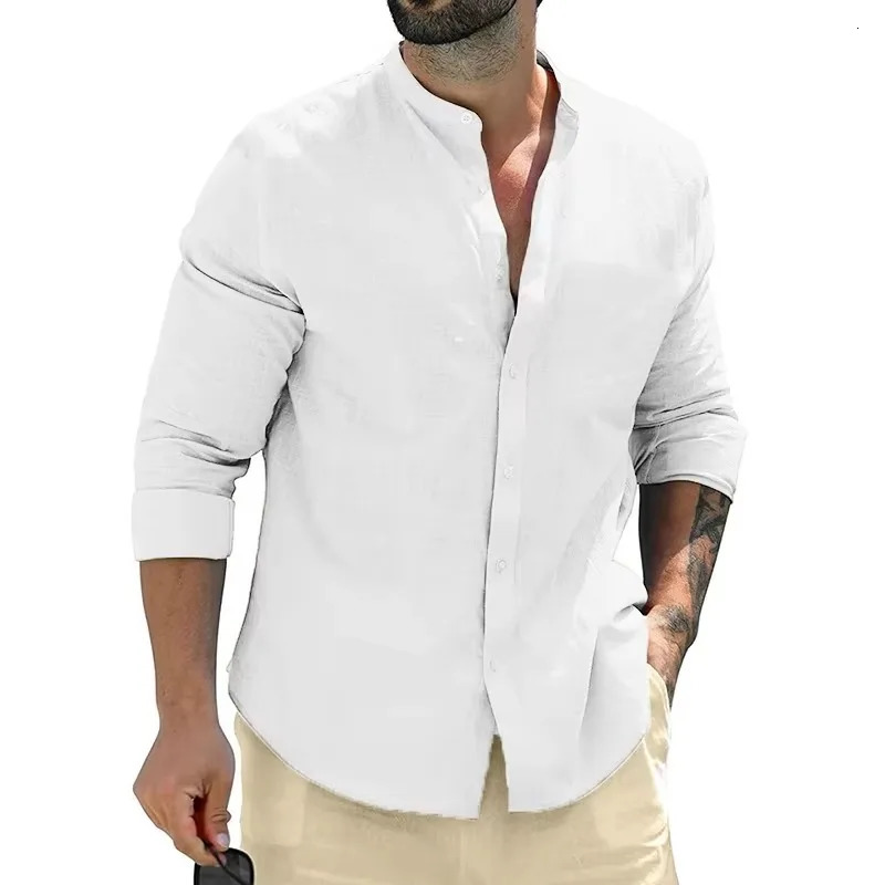 Mens cotton long sleeved shirt casual button up collar autumn mens dress business 250220