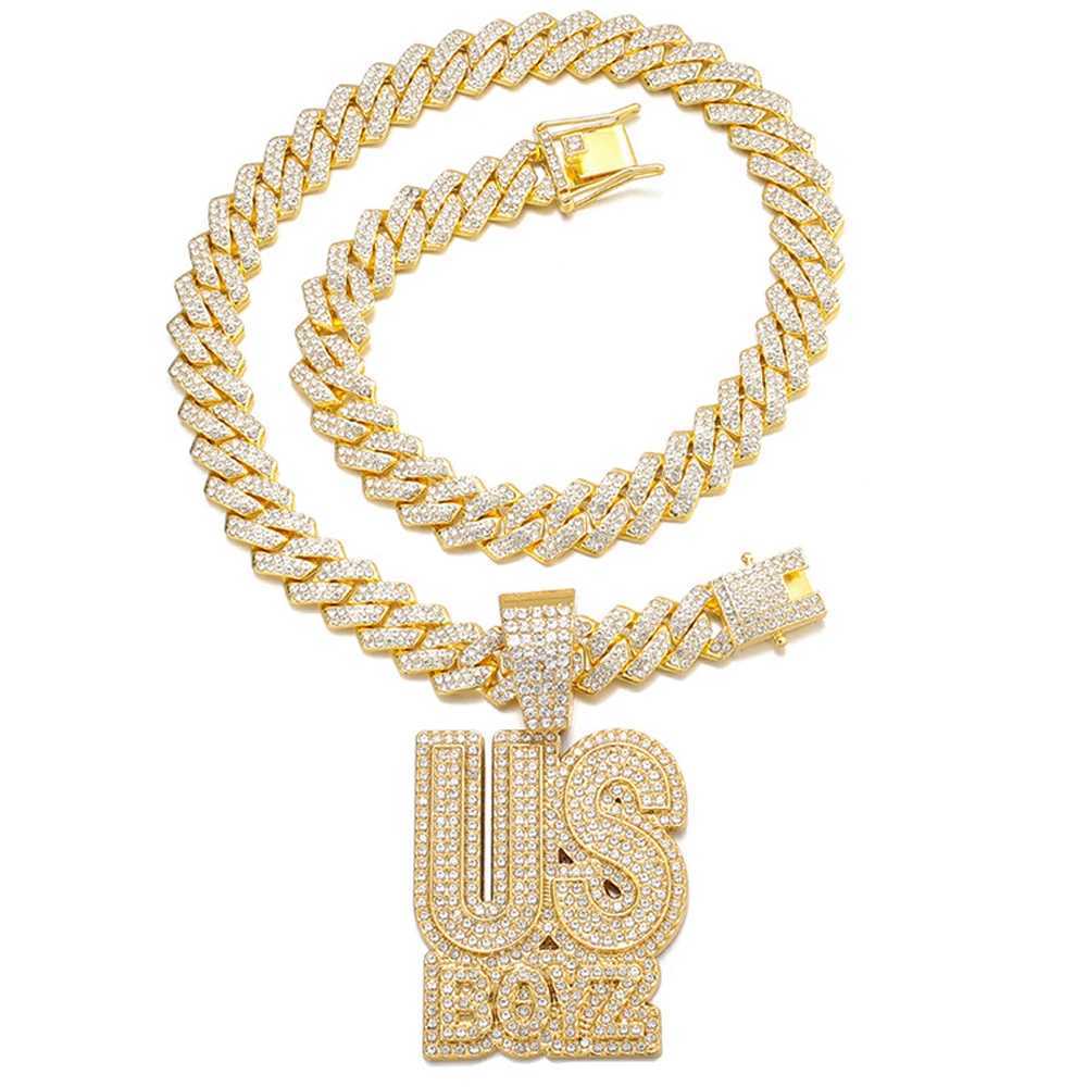 Mens Rhinestone US Boys Letter Pendant Necklace With 13mm d Out Bling Square Cuban Chain Charm Fashion Hip Hop Men JewelryXJ250219