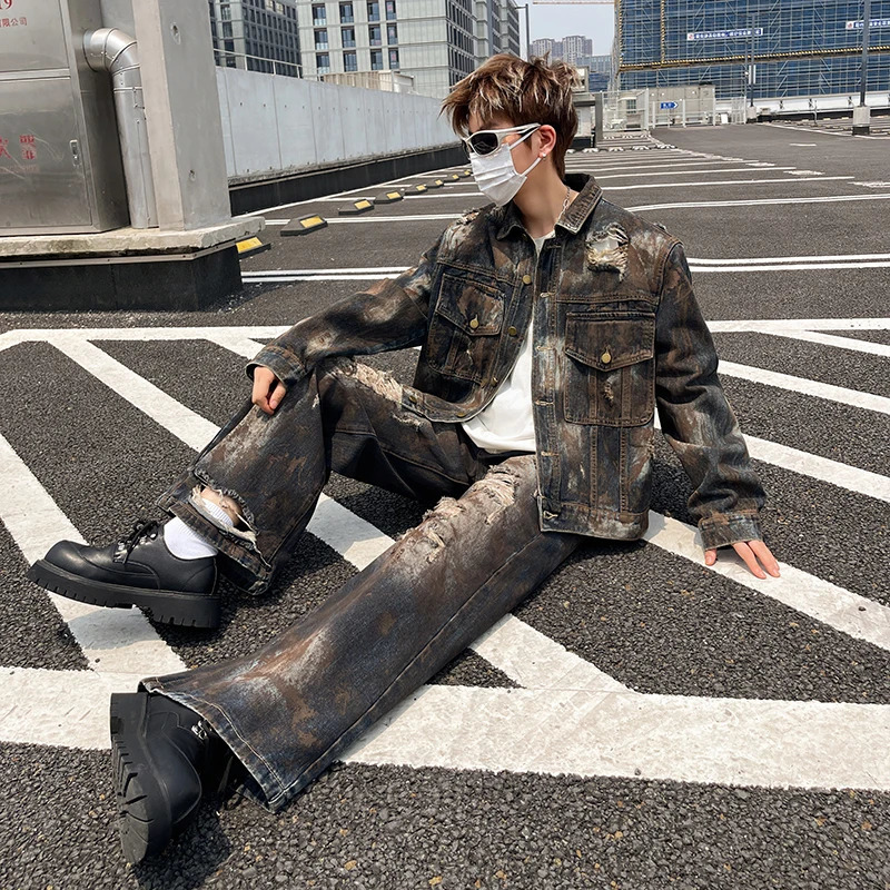IEFB mens denim two-piece set mens suit lapel single chest jacket straight jeans 9C8911 250220