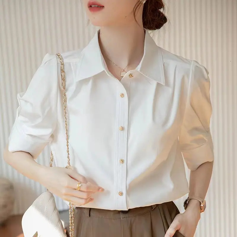 Summer Office Lady Short Sleeve Shirts Womens Solid Color Basic Blouse Korean Fashion Button Up Elegant Female Clothing Tops 250219