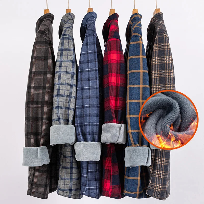 8XL 9XL plus fleece thick mens shirt Long sleeve autumn and winter casual free ironing breathable fashion plaid slim fit 250220
