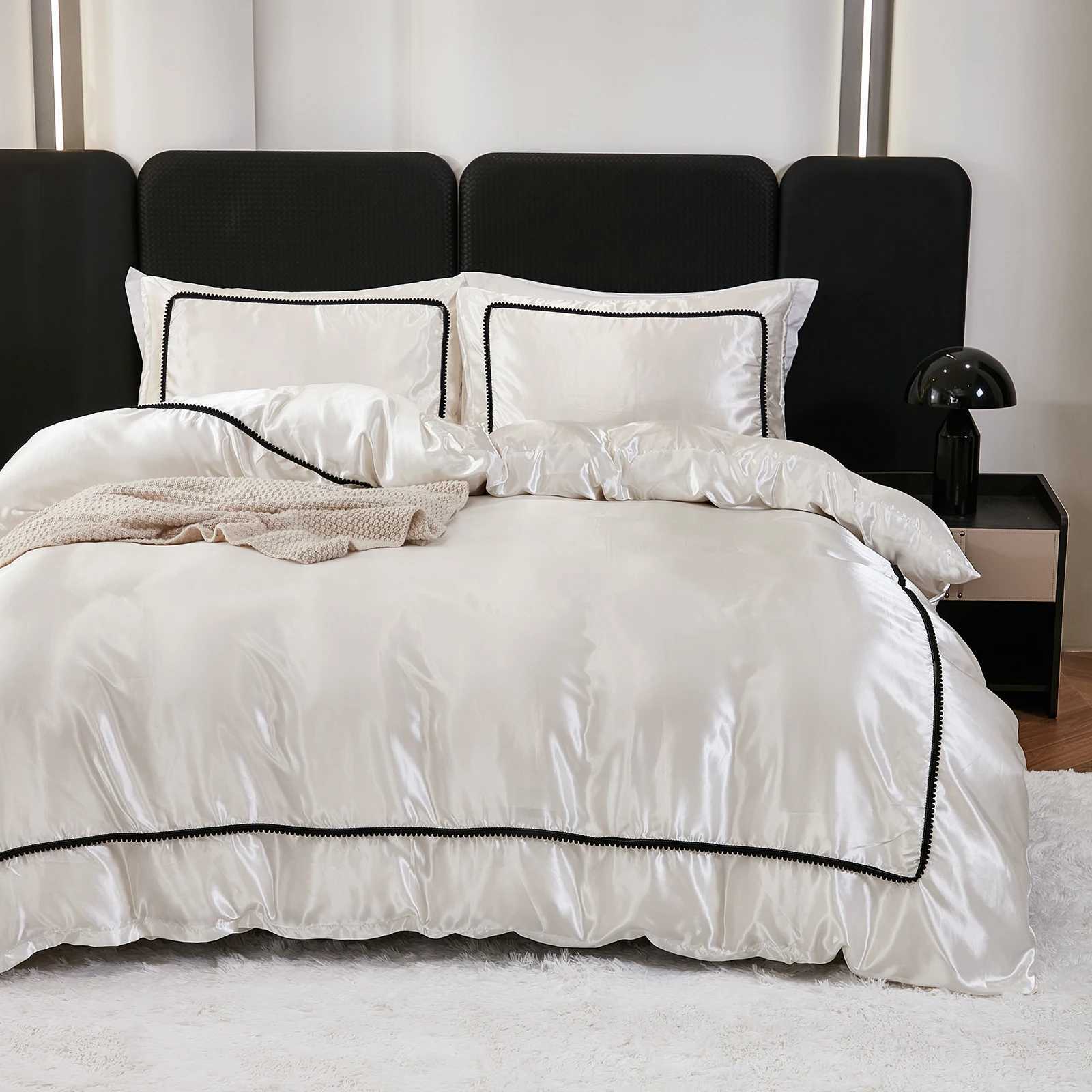 3-piece satin down duvet cover set silk white black and pink bedding set silk luxury bedding set Y250219